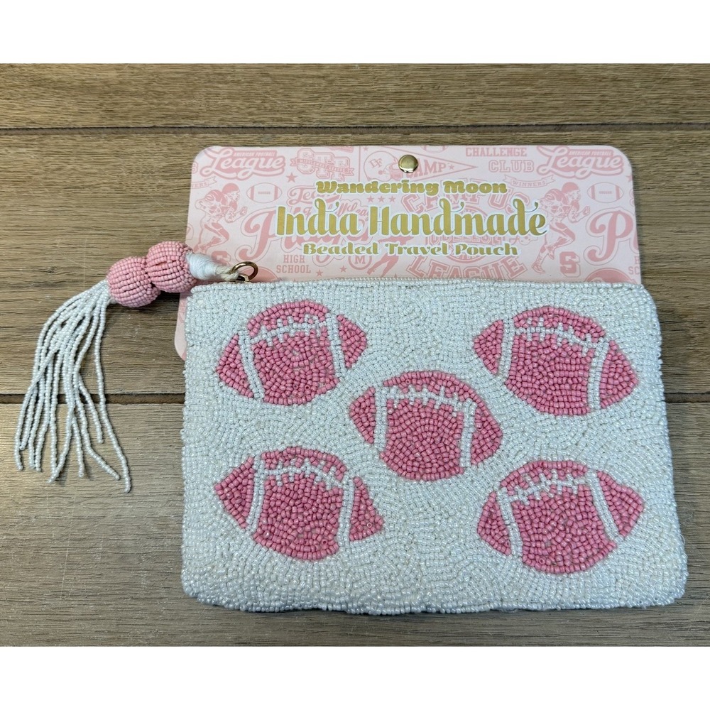 Wandering Moon Beaded Football Travel Pouch Pink Game Day Clutch India Handmade